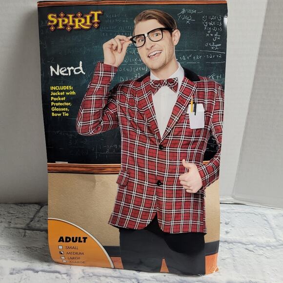 Spirit Halloween Med Nerd Costume Plaid Jacket Pocket Protector Bow Tie Glasses - Picture 2 of 11